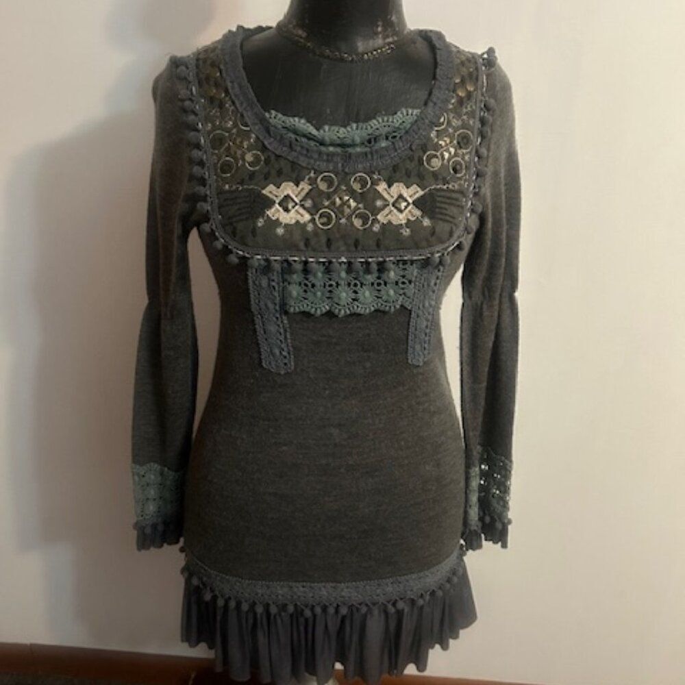 Young Threads Gray embellished pleated hem sweater dress, size M